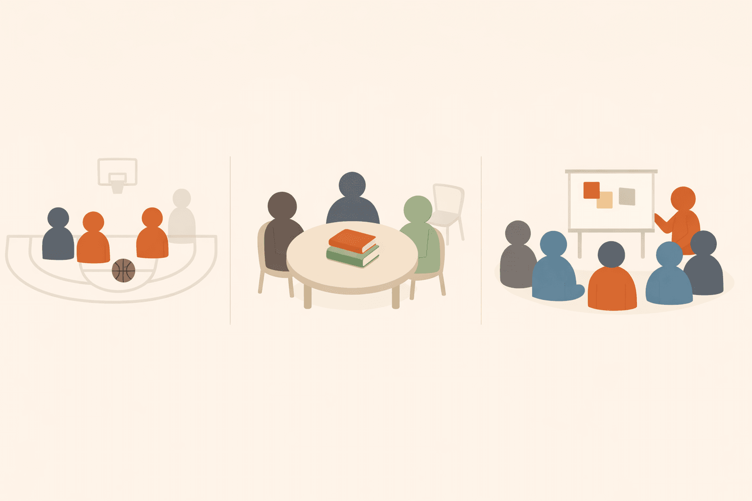 A group of people gathered for a pickup basketball game at an outdoor court