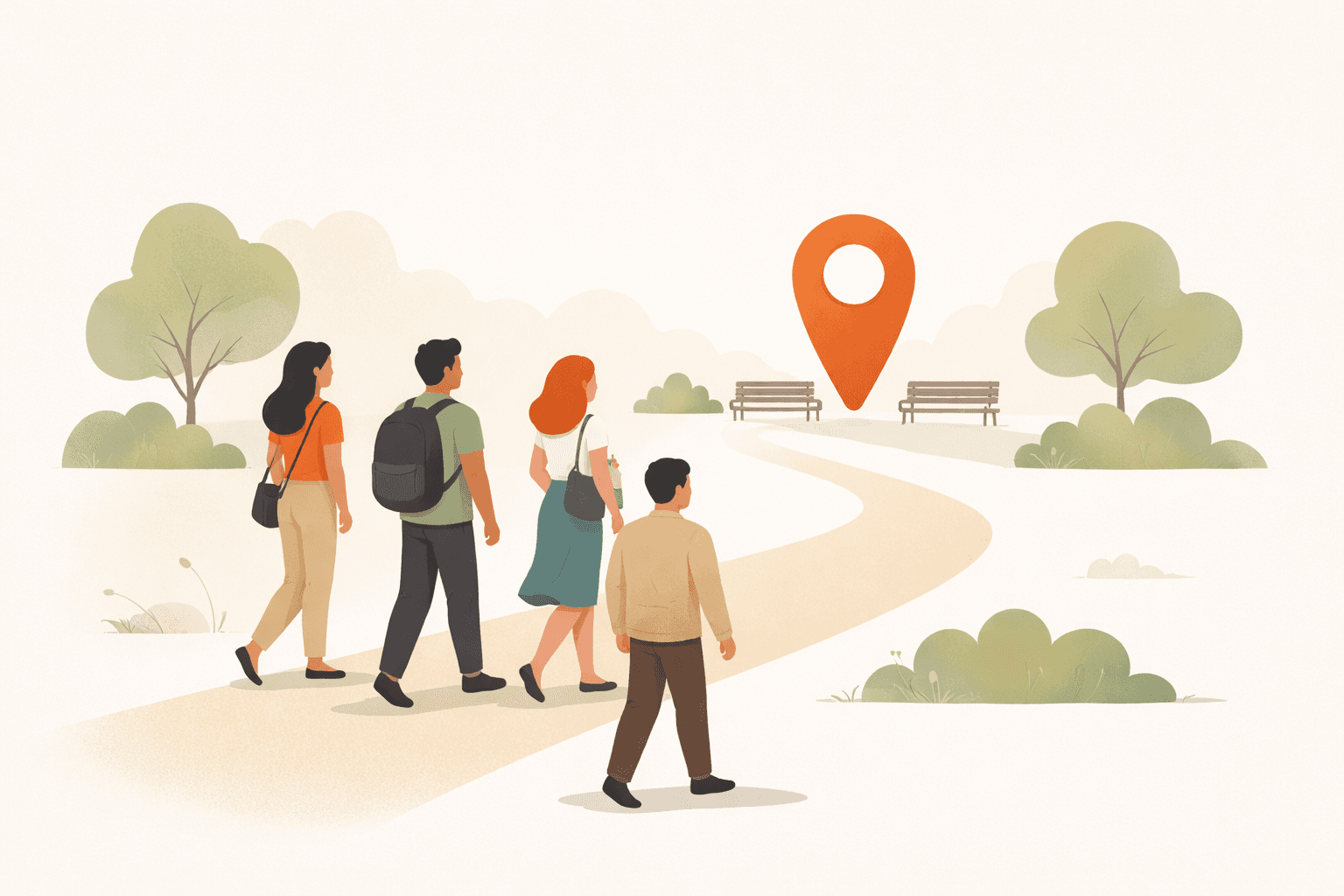 A small group of friends arriving at an outdoor meetup location