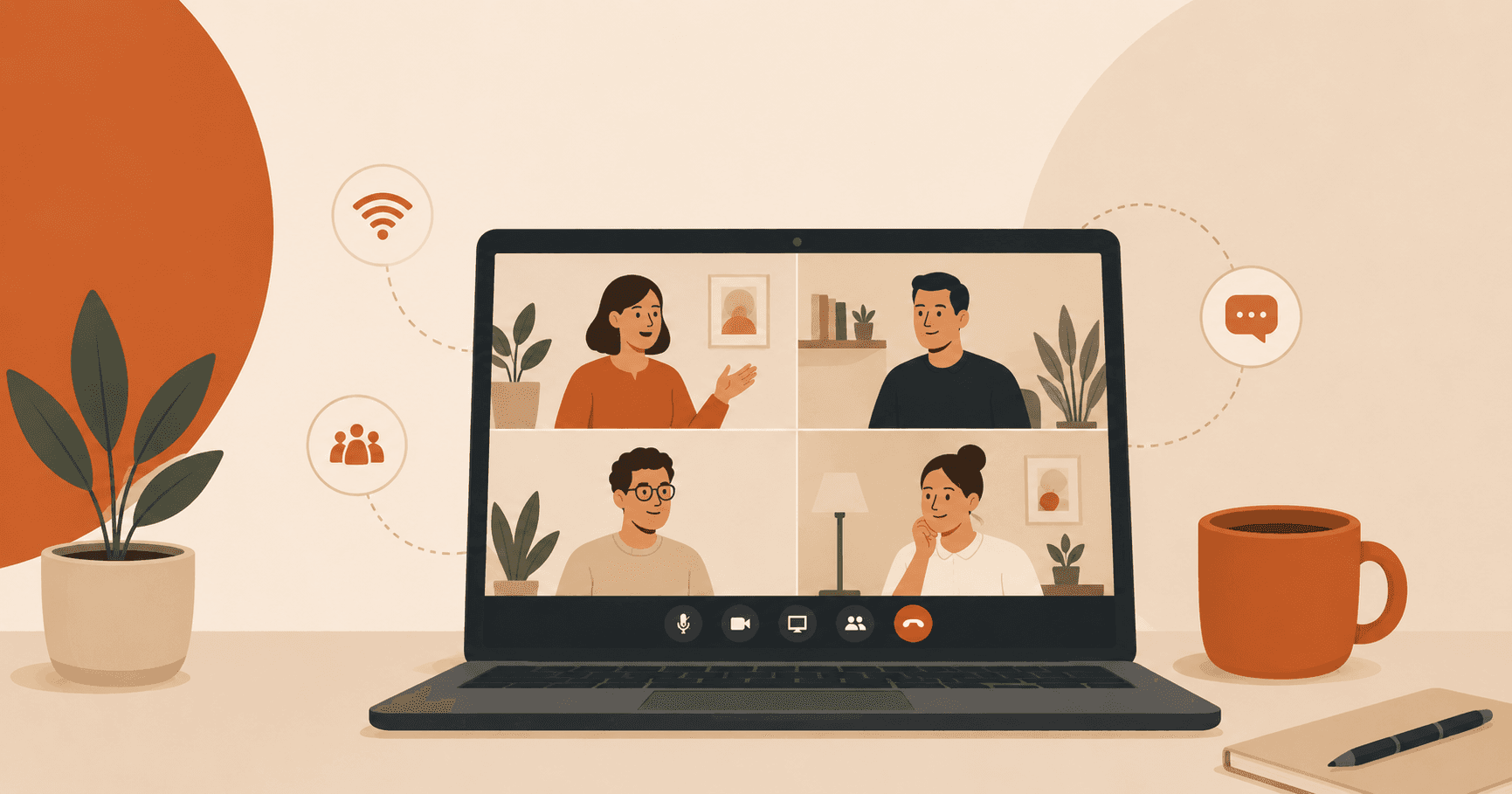 Illustration of a small business video meeting with four participants on a laptop